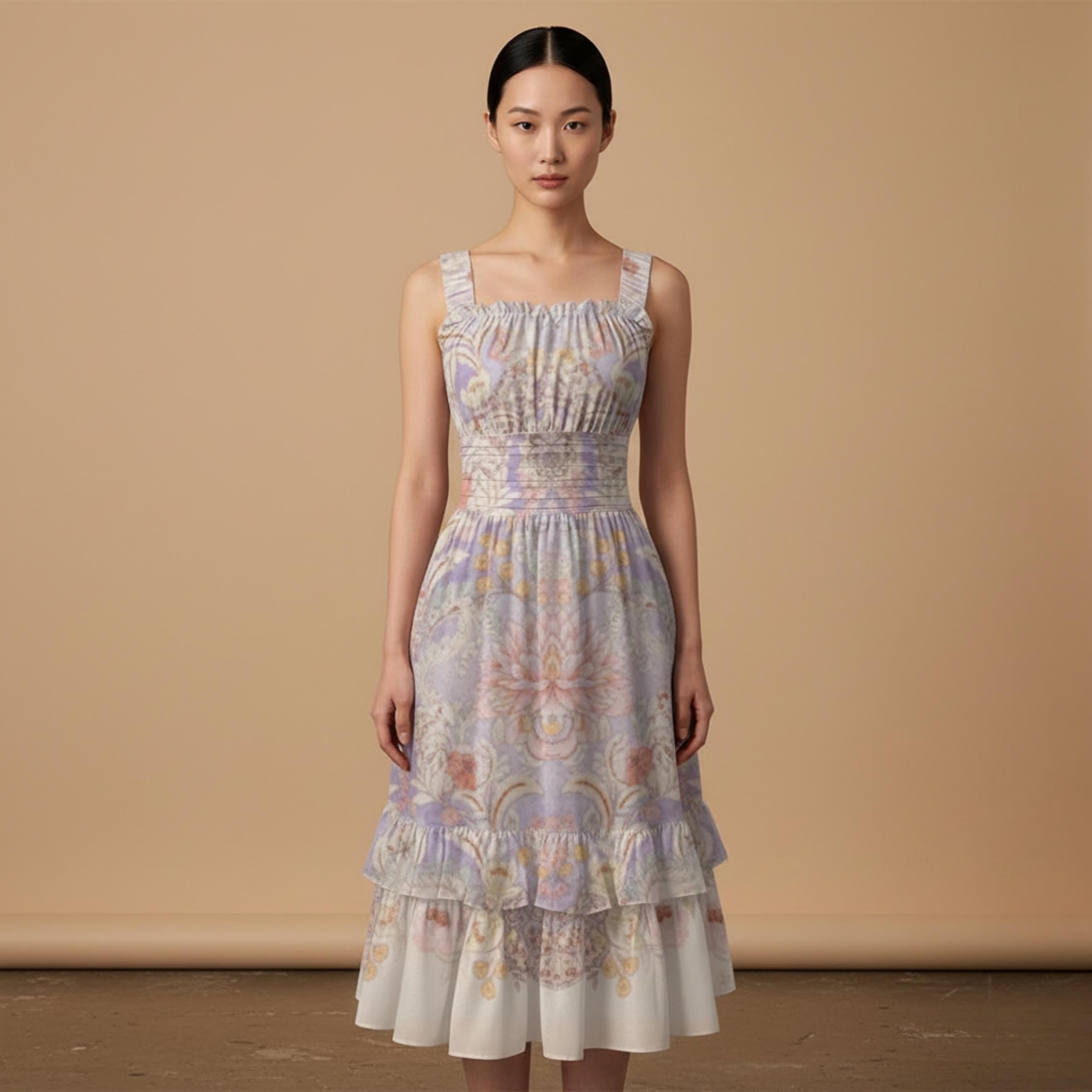 Pastel Baroque Floral Midi Dress | Romantic Garden Party Dress