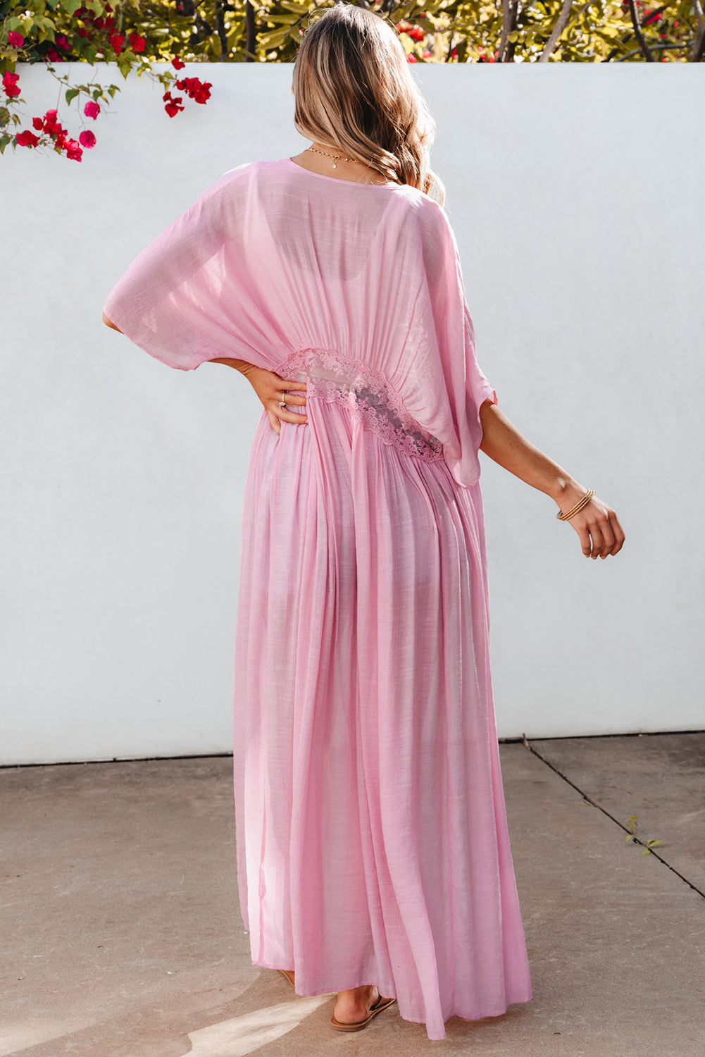 Lace-trim maxi kimono robe in black and light pink options