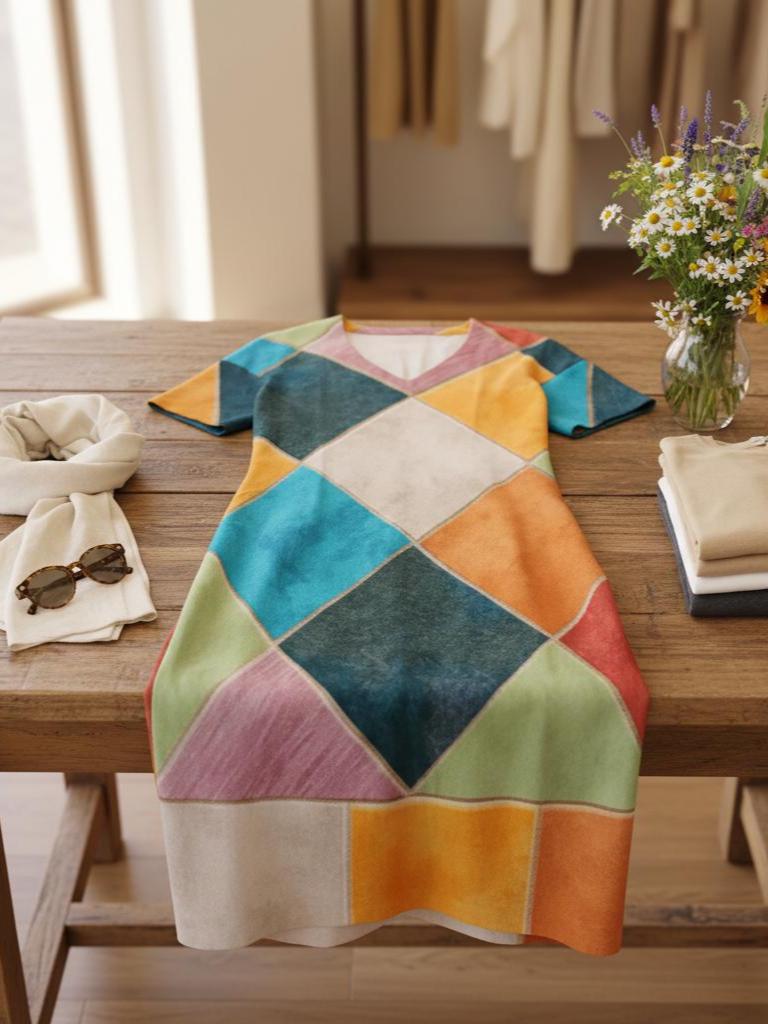 Colorful Geometric A-Line Dress | Boho Patchwork Vacation Dress
