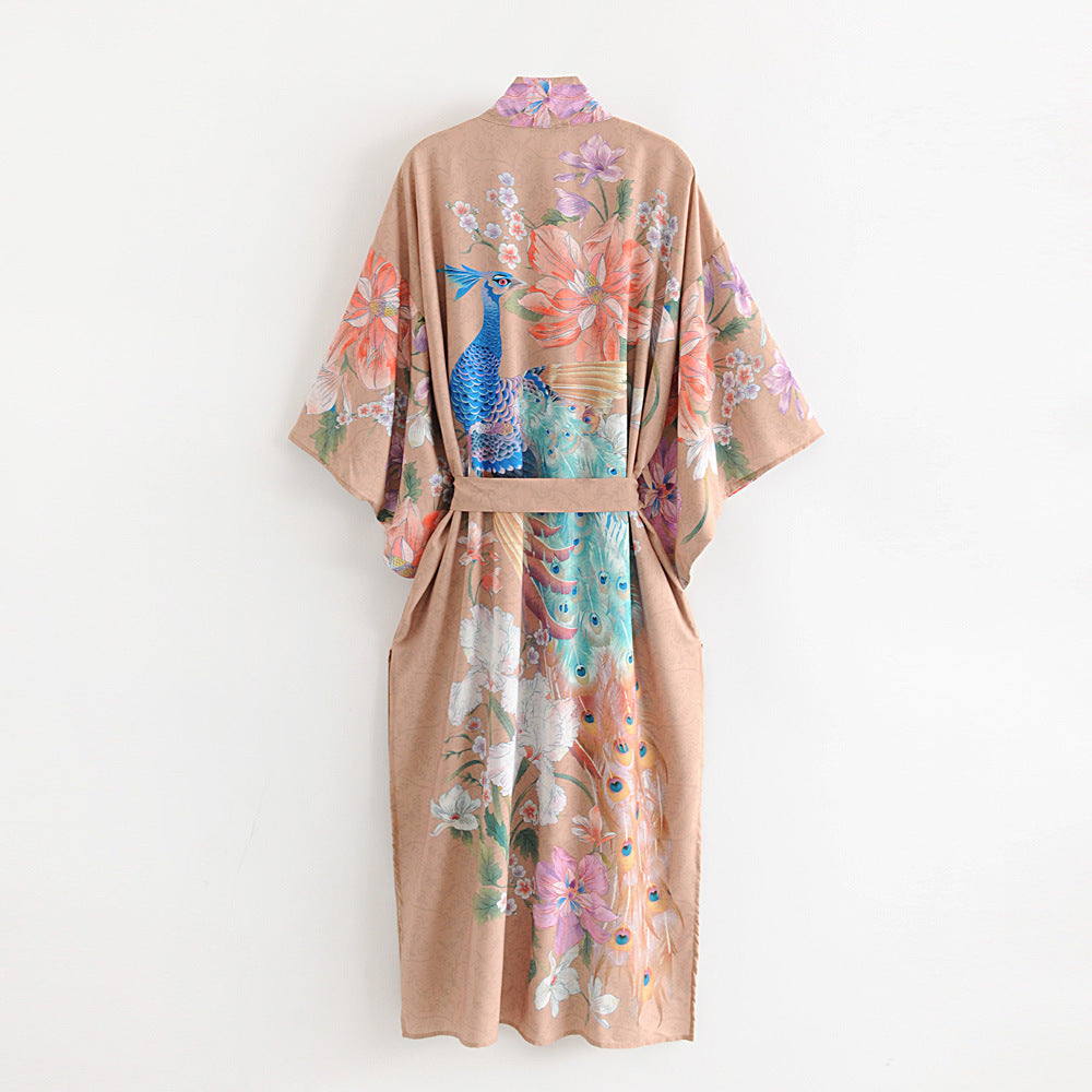 Long brown floral kimono robe with peacock print and waist tie