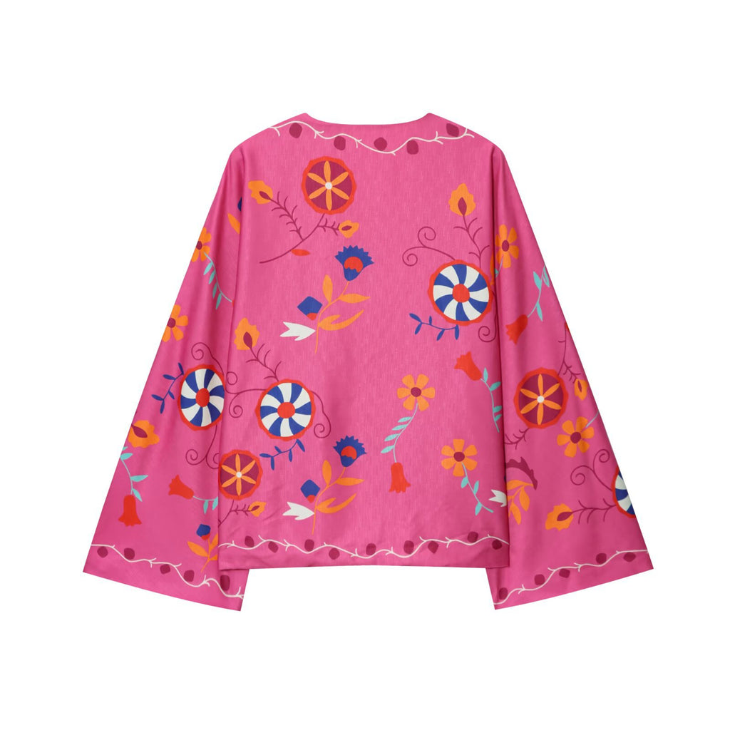Printed V-neck kimono cardigan with long sleeves