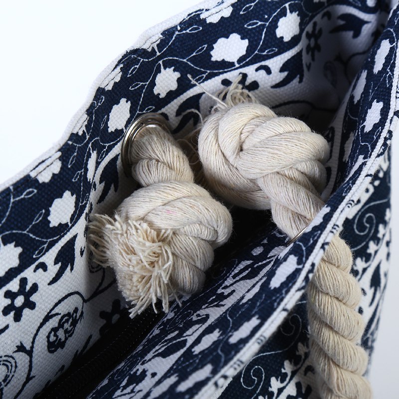 Women's blue elephant floral canvas shoulder tote bag