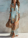 Blue Floral Three-Quarter Sleeve Maxi Dress