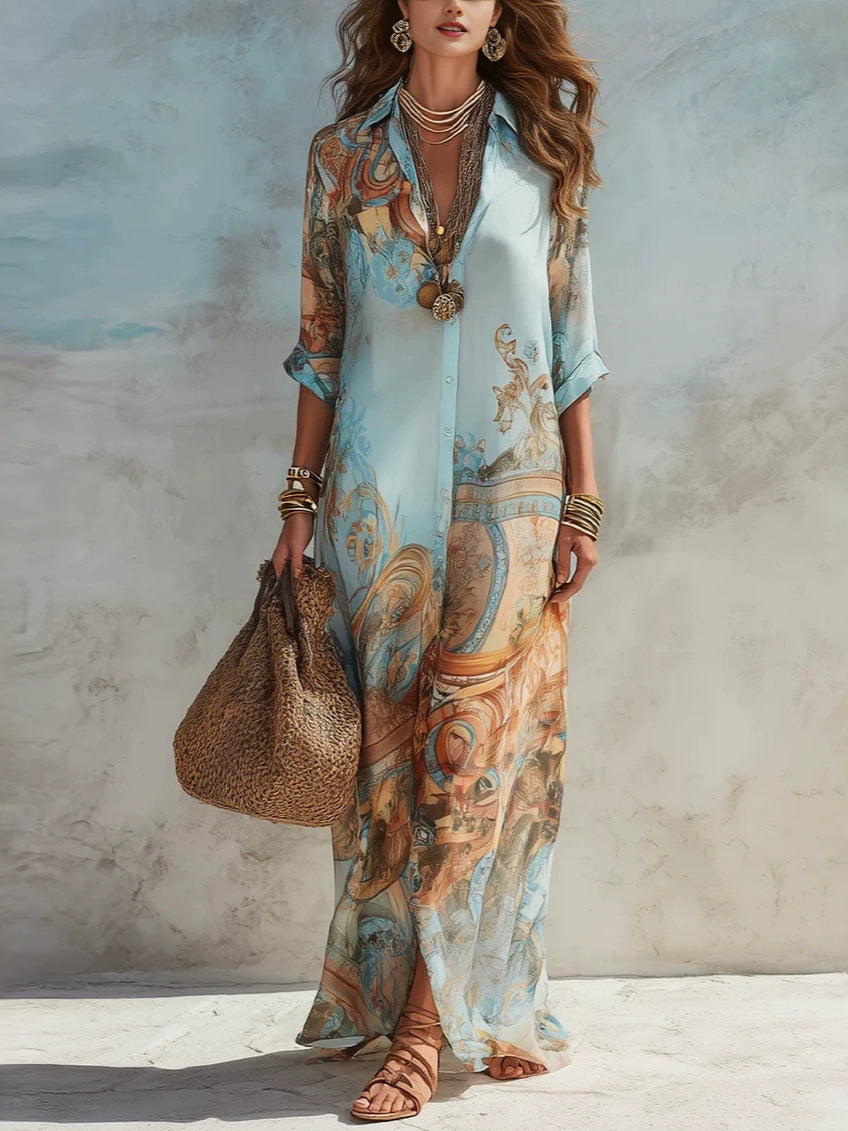 Blue Floral Three-Quarter Sleeve Maxi Dress