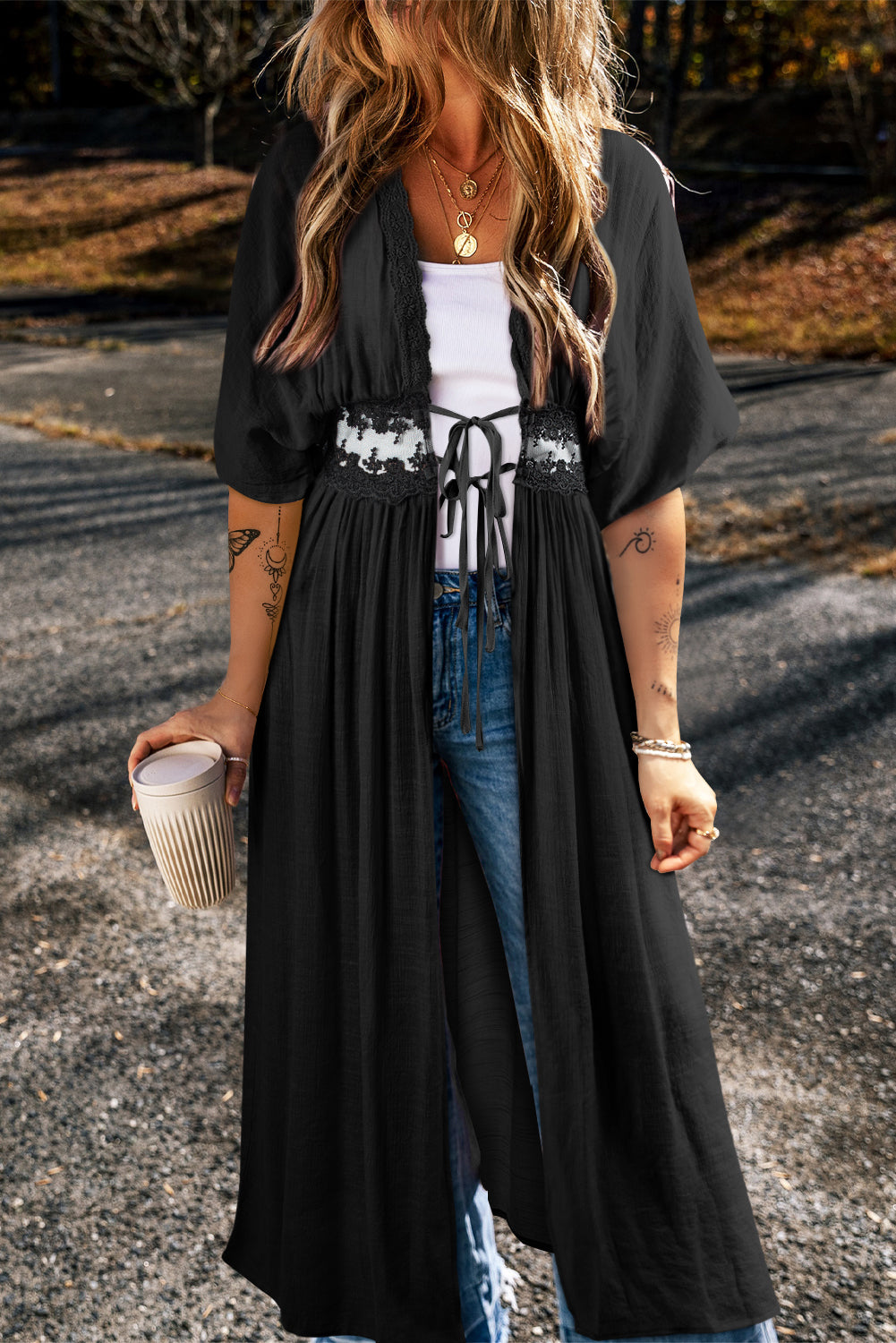 Women's lace-trim maxi kimono in black or light pink