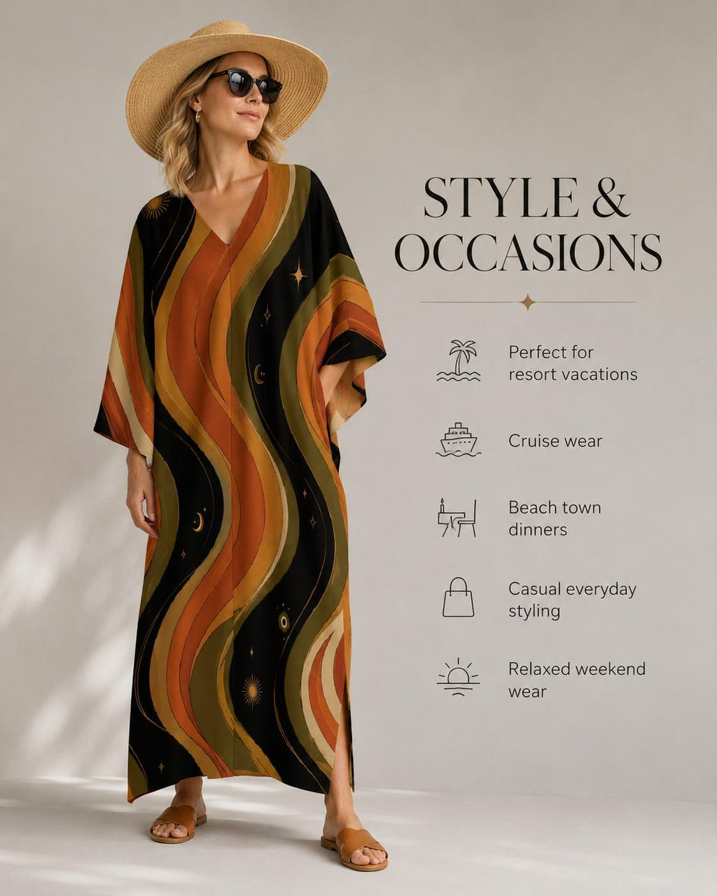 Retro Cosmic Kaftan Dress | Celestial Sun Moon Resort Wear