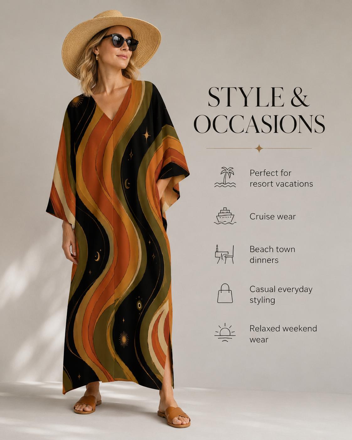 Retro Cosmic Kaftan Dress | Celestial Sun Moon Resort Wear