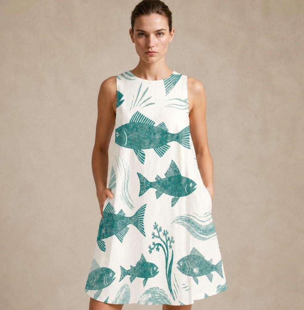 Coastal Fish Pocket Dress | Mediterranean Sleeveless Resort Dress