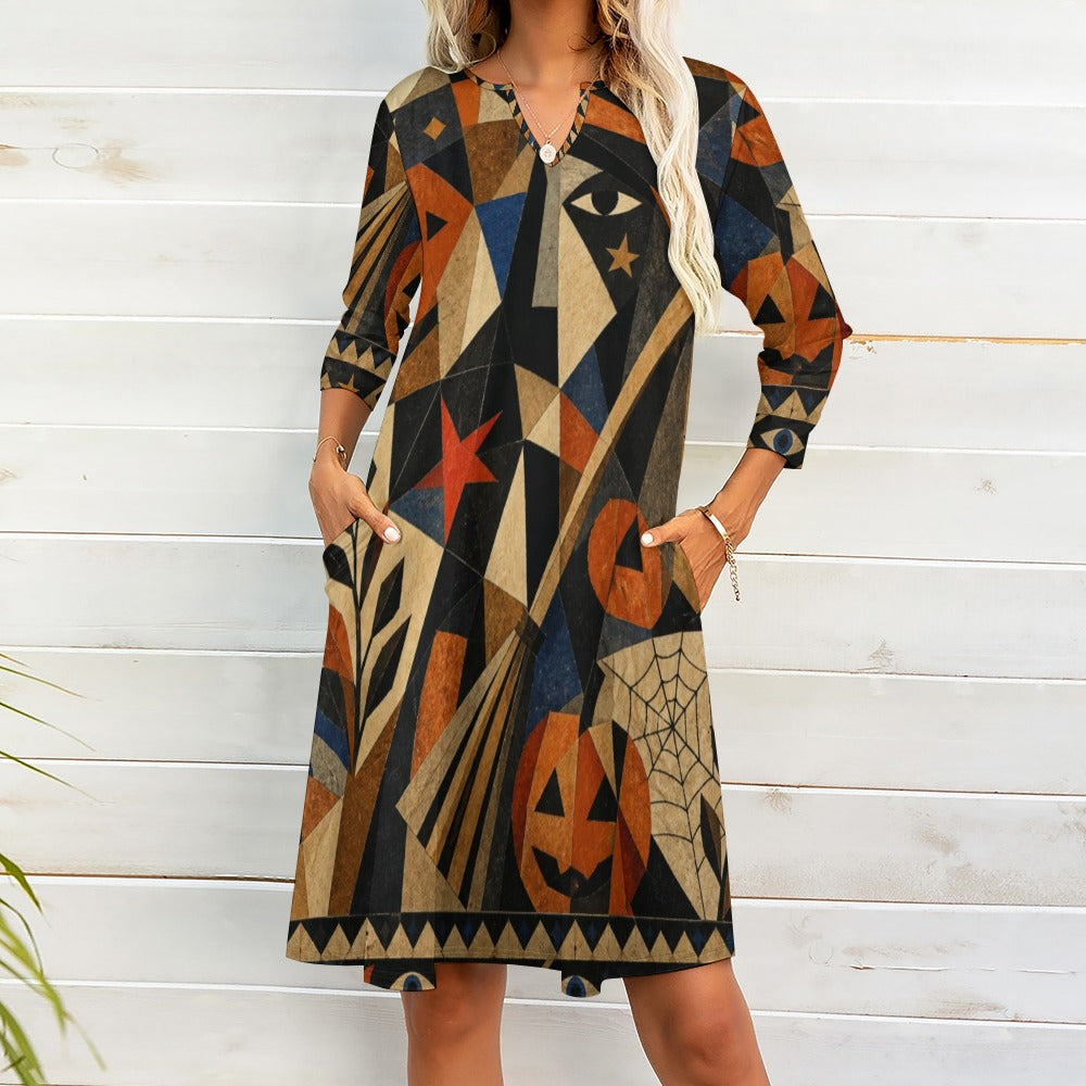 Witchy Geometric 3/4 Sleeve Midi Dress | Orange Black