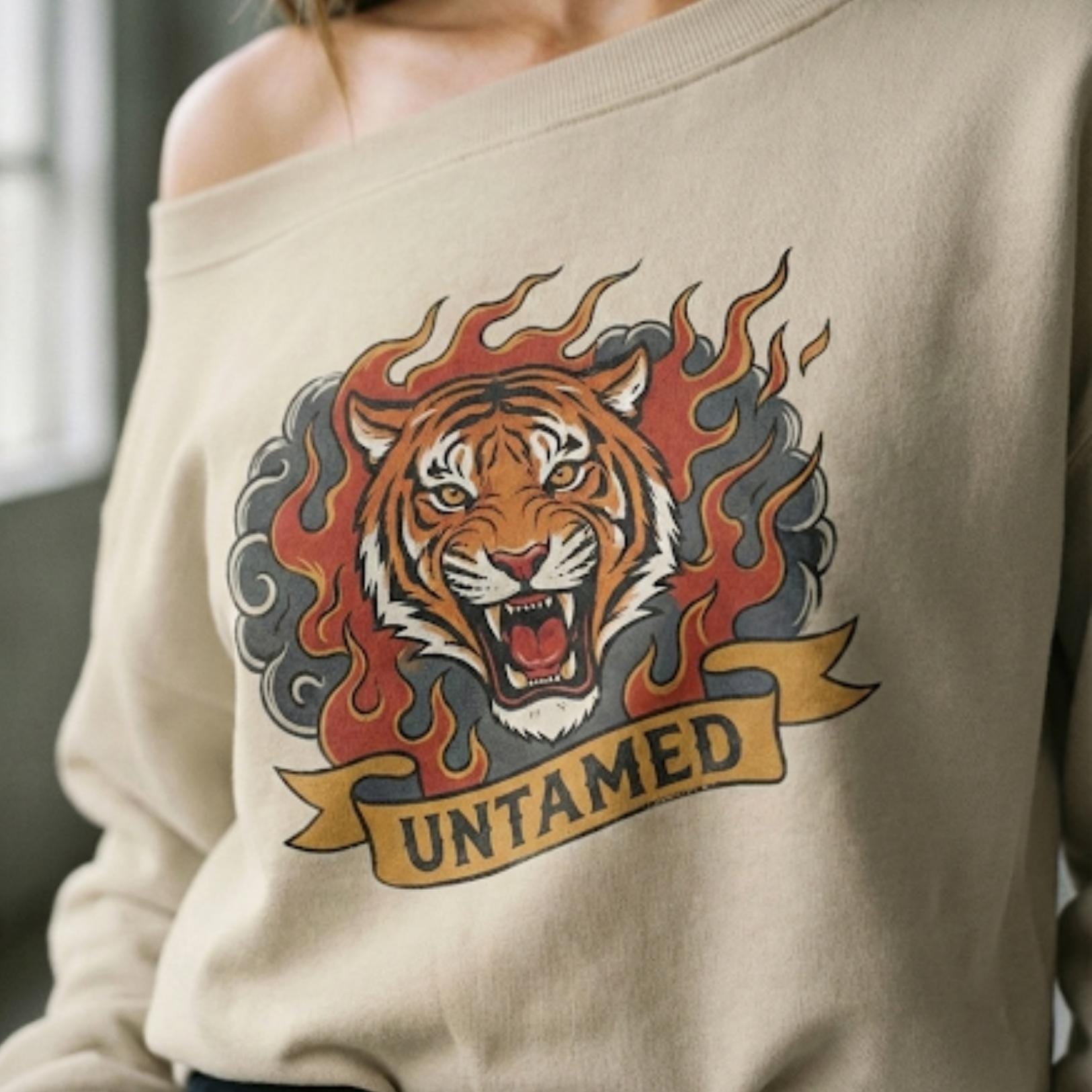 Born Wild Tiger Off-Shoulder Sweatshirt | Relaxed Graphic Top