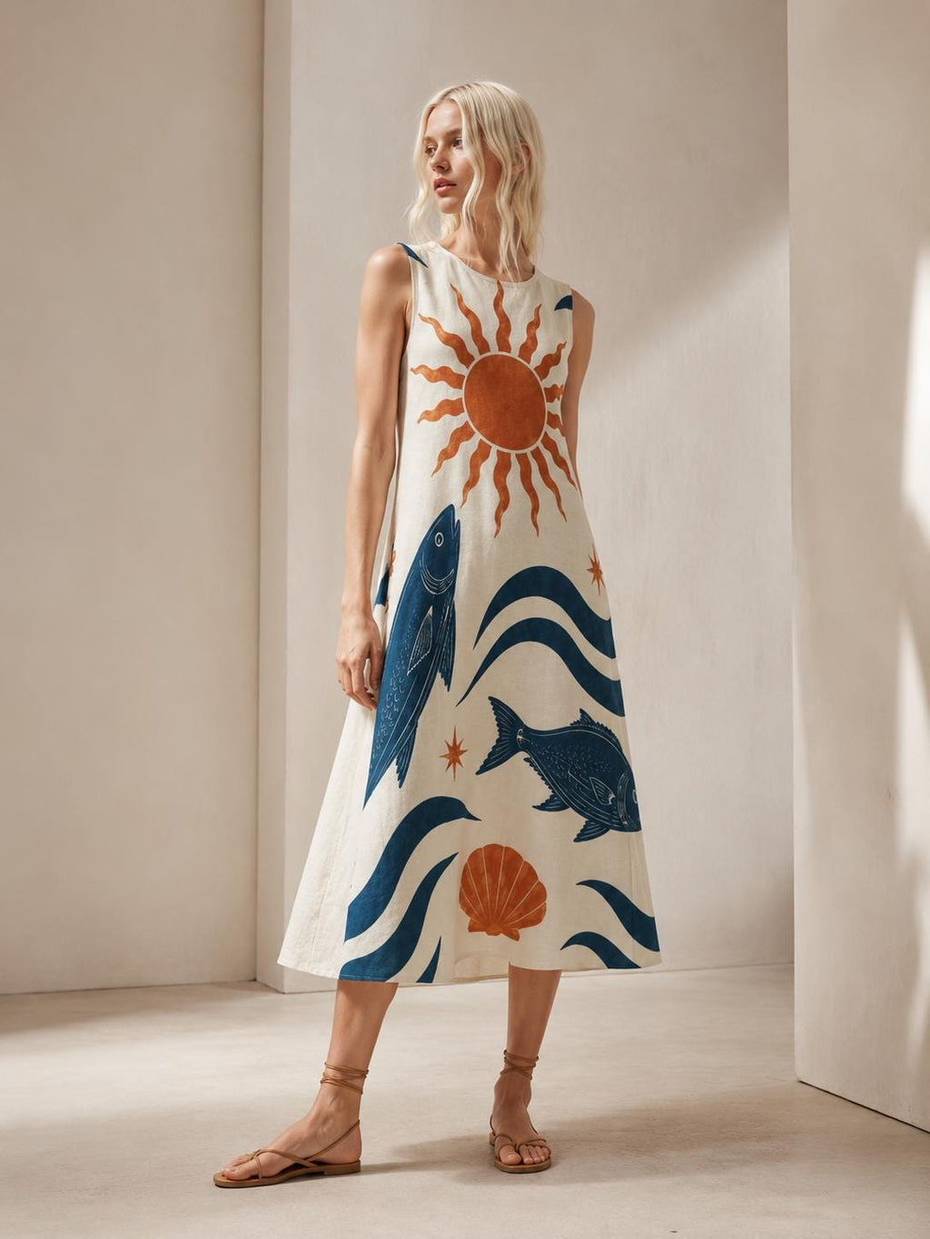 Sun Fish Cotton Midi Dress | Mediterranean A-Line Pocket Dress
