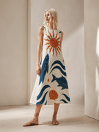 Sun Fish Cotton Midi Dress | Mediterranean A-Line Pocket Dress