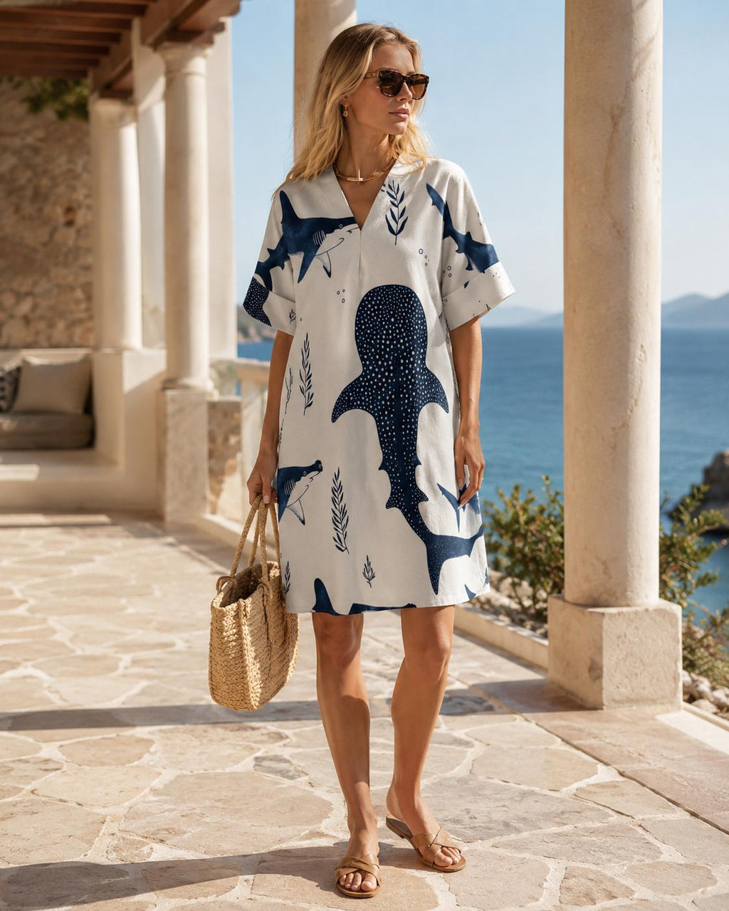Whale Shark Tunic Dress | Ocean V-Neck Beachwear Dress