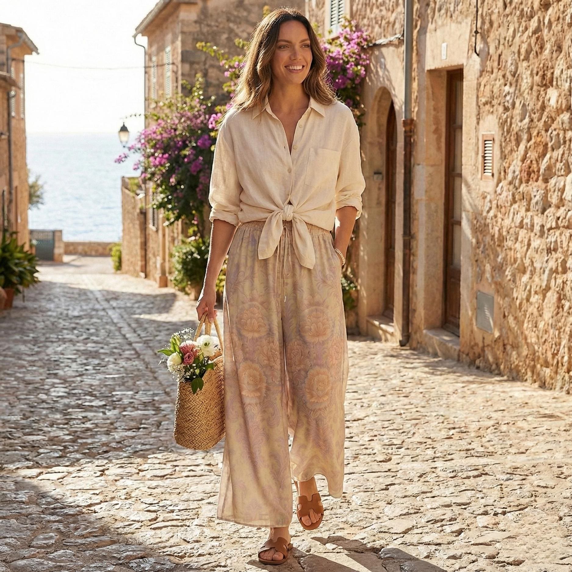 Vintage Floral Wide-Leg Pants | Boho Palazzo Summer Trousers