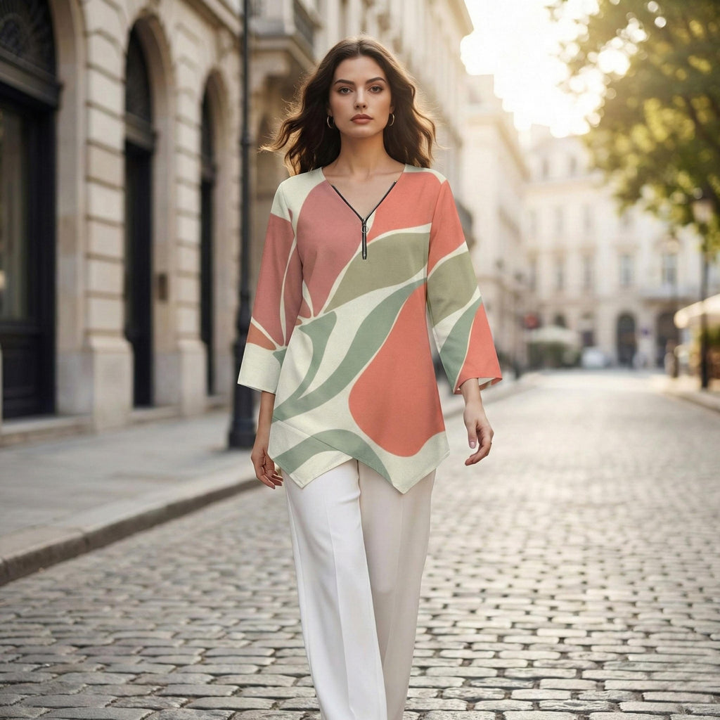Abstract Leaf Zipper Blouse | V-Neck Linen-Look Tunic
