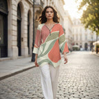 Abstract Leaf Zipper Blouse | V-Neck Linen-Look Tunic