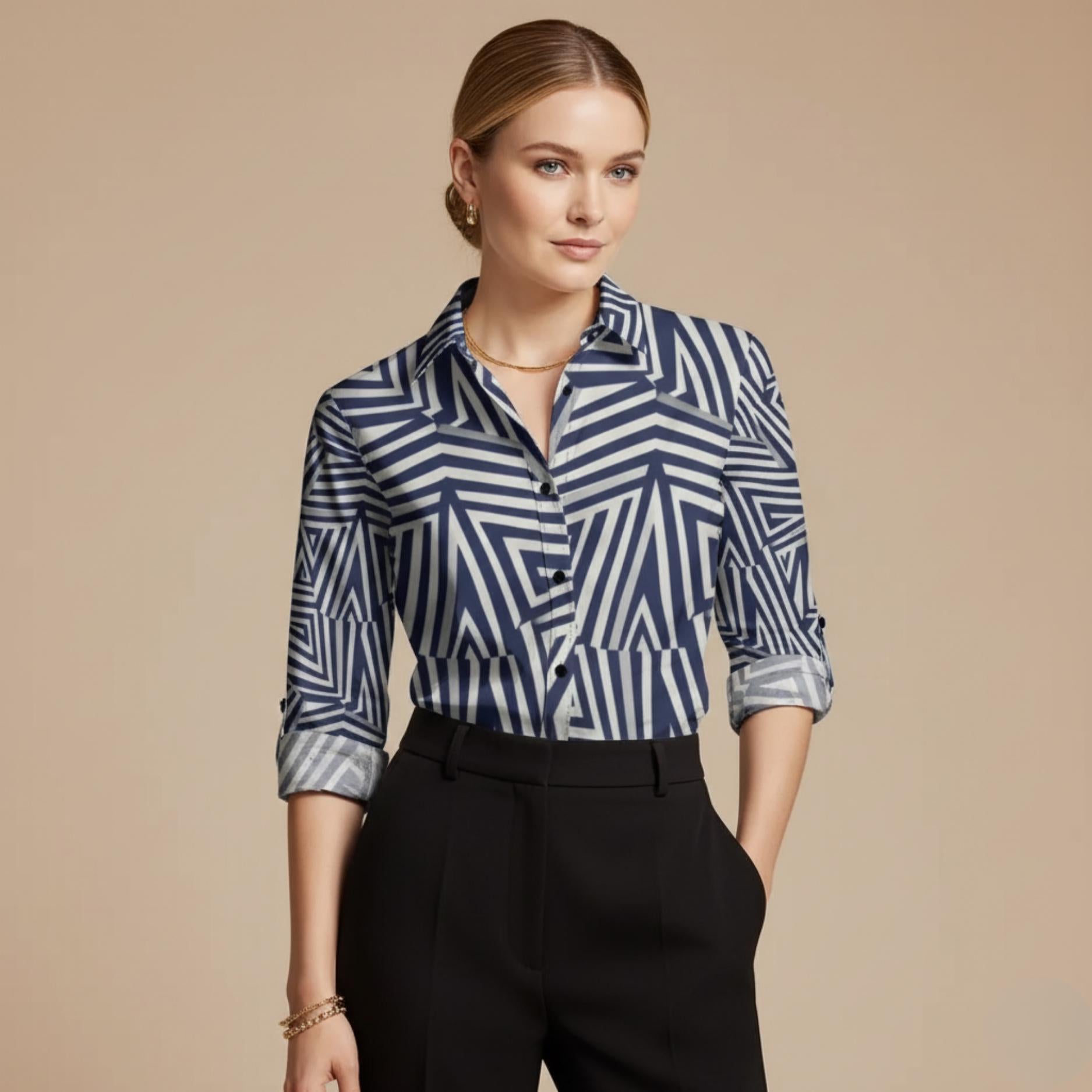 Navy Geometric Button-Down Shirt | Quiet Luxury Artwear Blouse