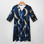 Celestial Moon 3/4 Sleeve Midi Dress | Blue Mystical Print