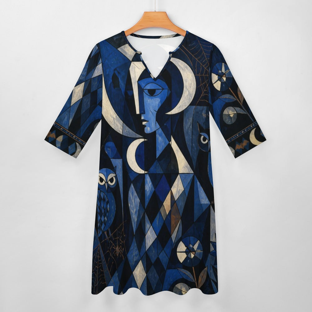 Celestial Moon 3/4 Sleeve Midi Dress | Blue Mystical Print