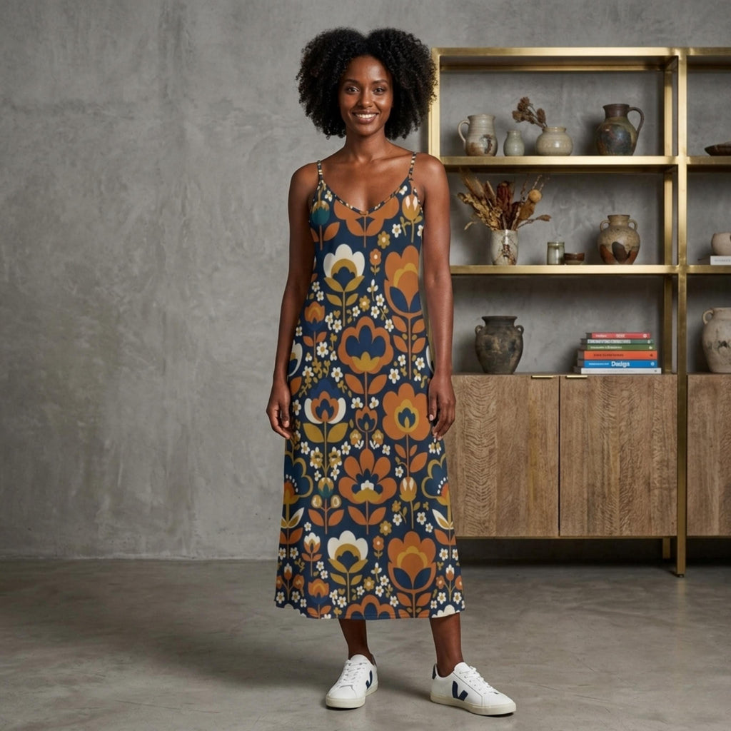 Retro Floral Maxi Slip Dress | 70s Boho Vacation Dress