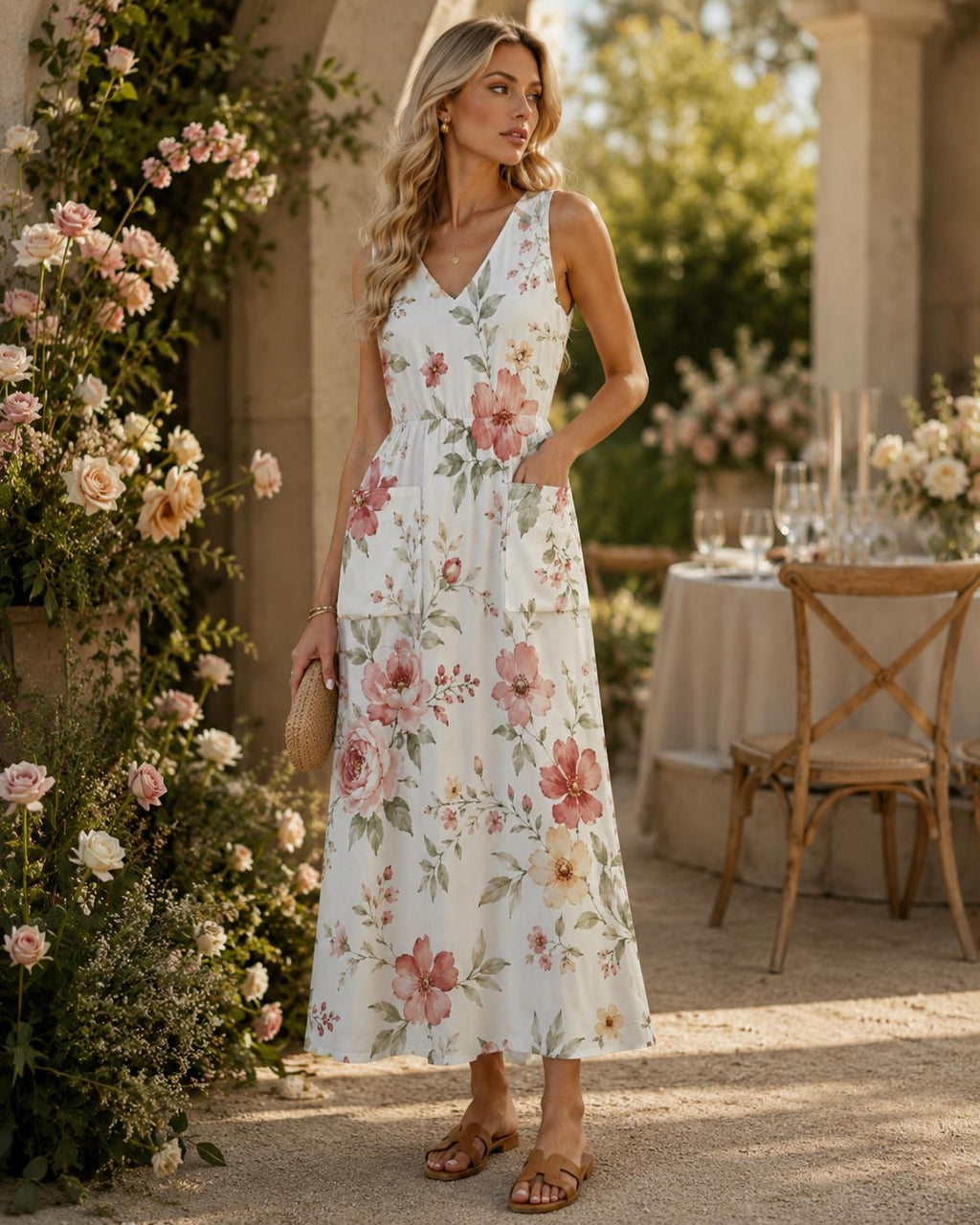 Watercolor Floral Maxi Dress | Garden Party Dress with Pockets