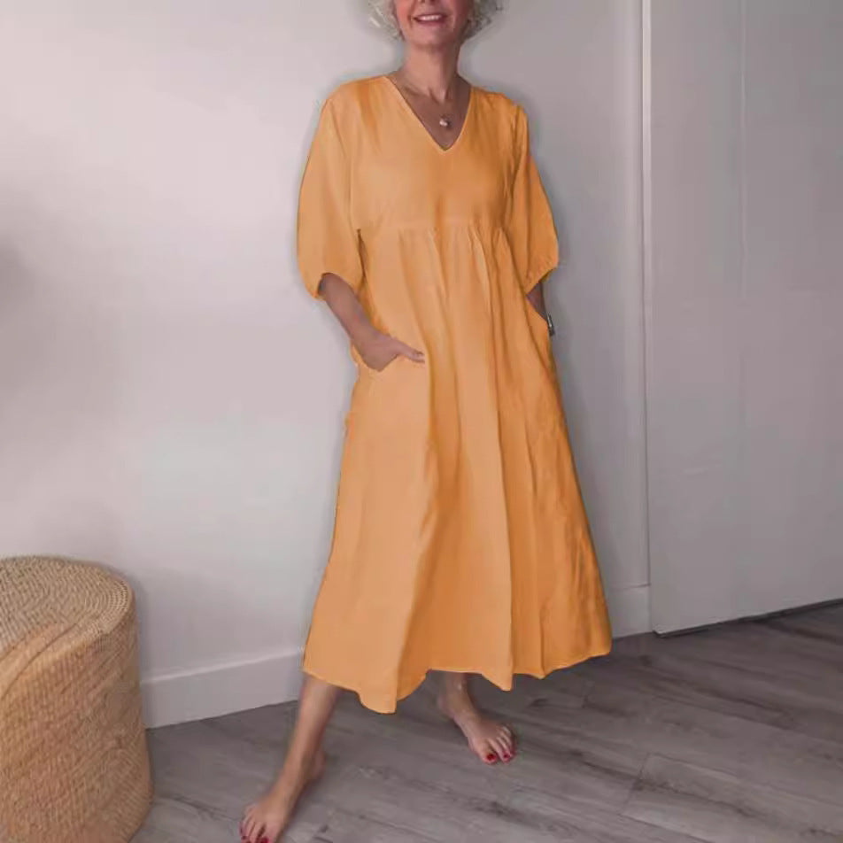 V-Neck Cotton-Linen Three-Quarter Sleeve Maxi Dress