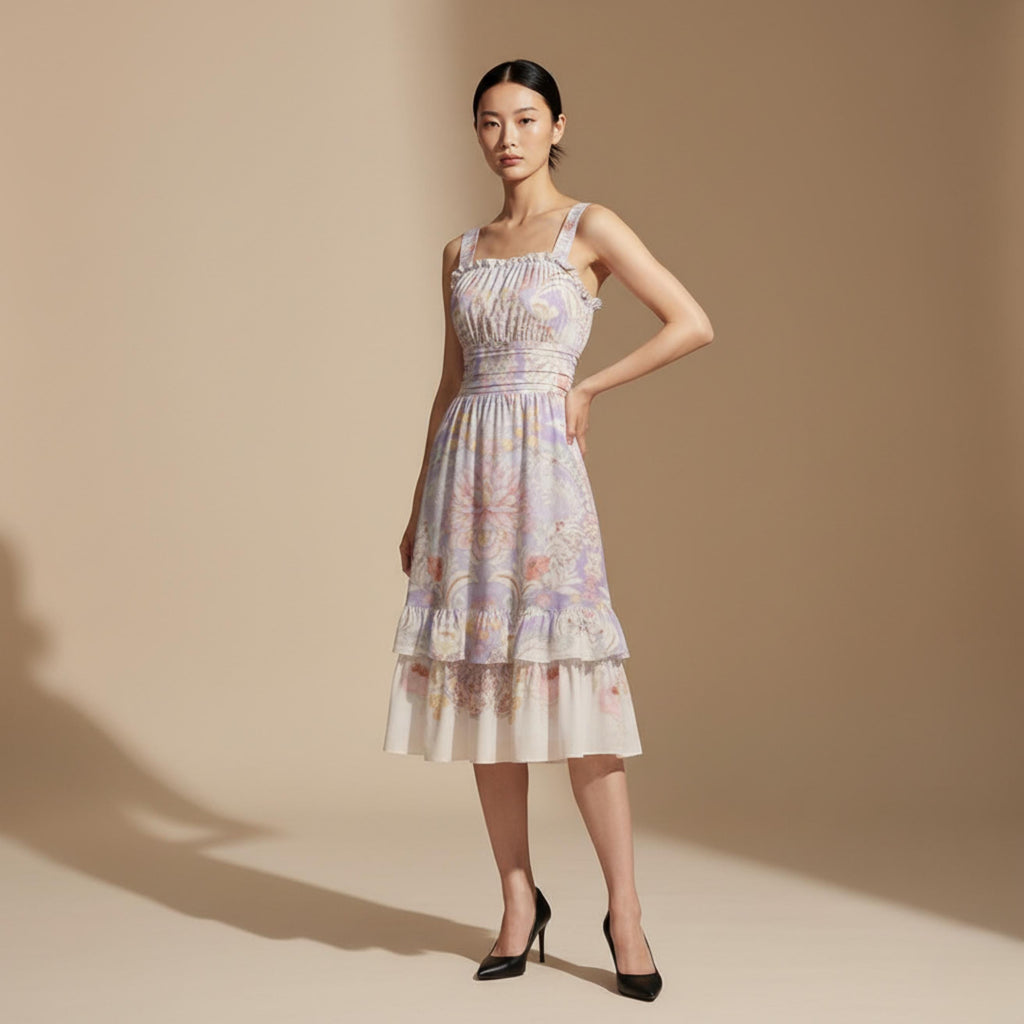 Pastel Baroque Floral Midi Dress | Romantic Garden Party Dress