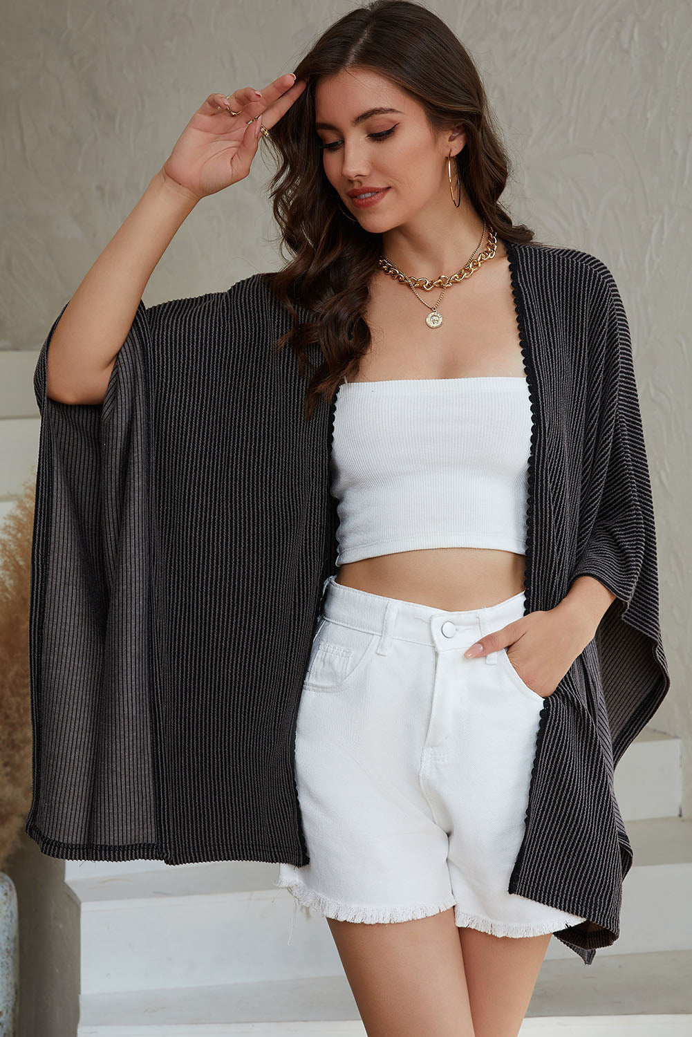 Oversized open-front kimono cardigan with lace trim