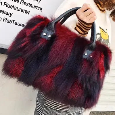 Women's textured fur shoulder bag in multicolor, gray, rose or royal blue