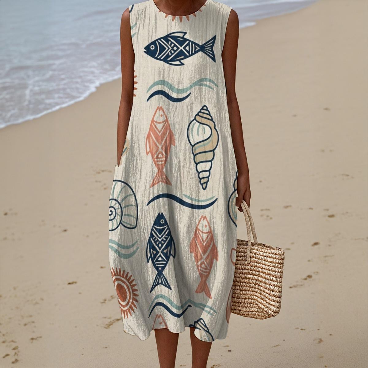 Coastal Fish Cotton Midi Dress | Sleeveless Resort Pocket Dress