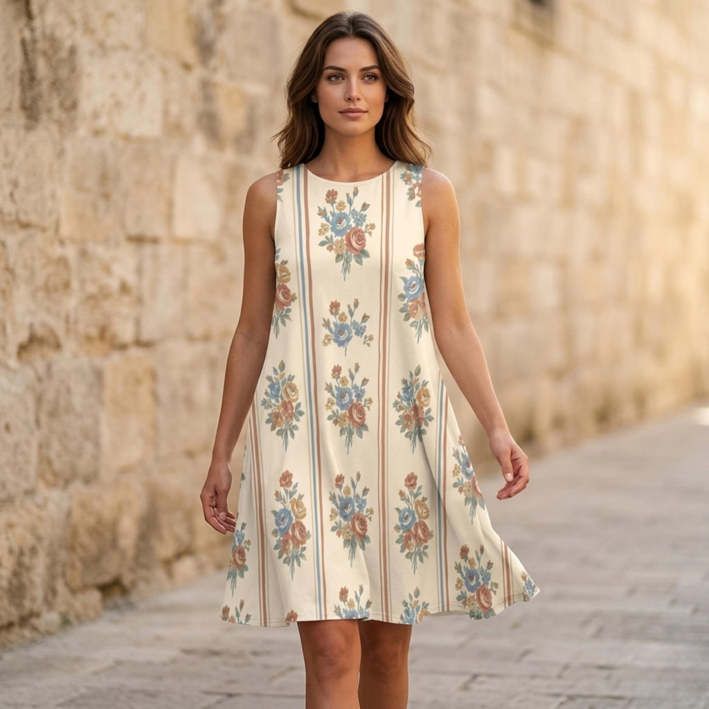 Retro Floral A-Line Mini Dress | Sleeveless Dress with Pockets