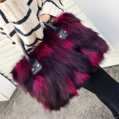 Women's textured fur shoulder bag in multicolor, gray, rose or royal blue