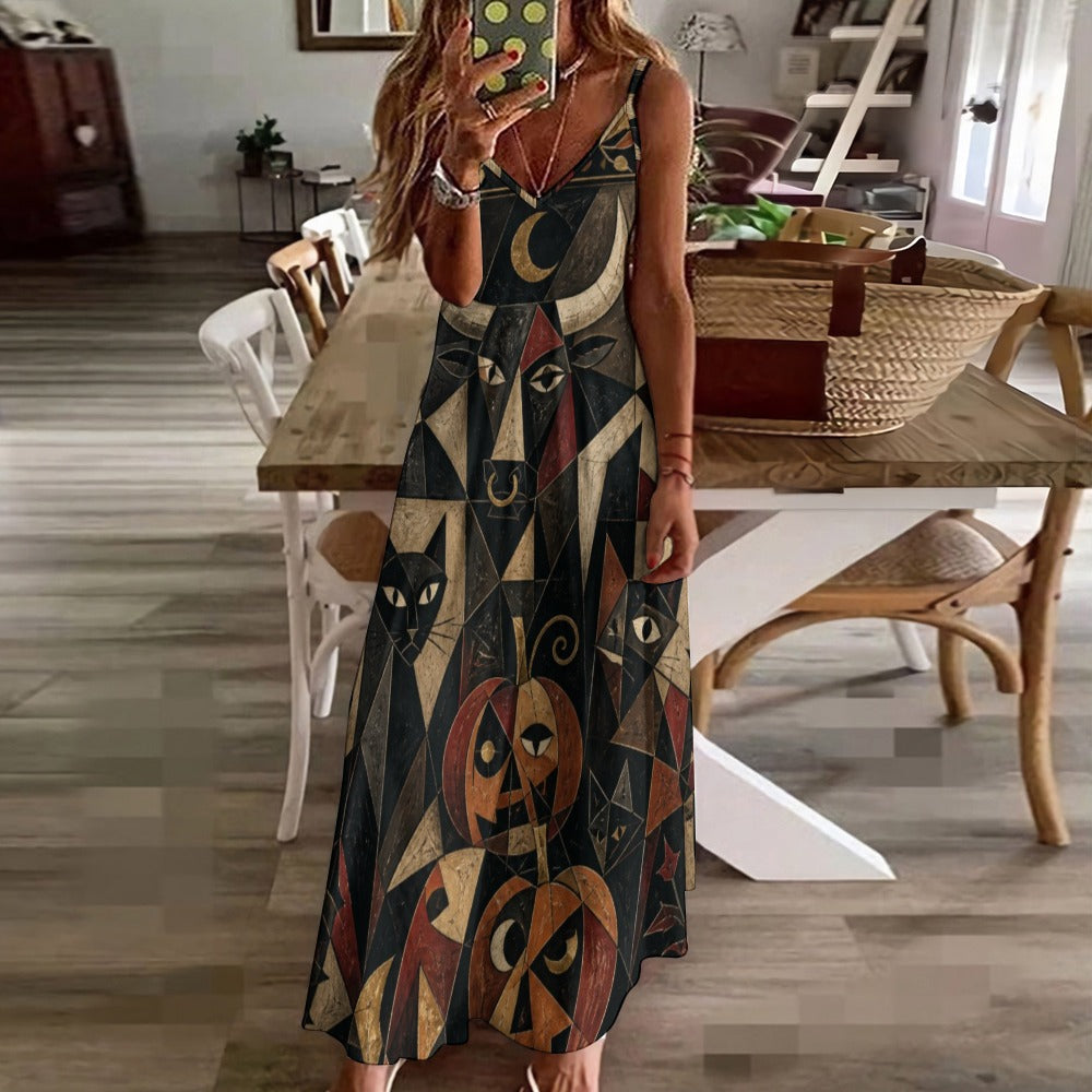 Dark Celestial Art Slip Maxi Dress | Spaghetti Strap Long Dress