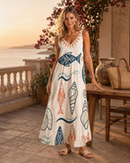 Mediterranean Fish Shell Maxi Dress | Sleeveless Coastal Resort Dress