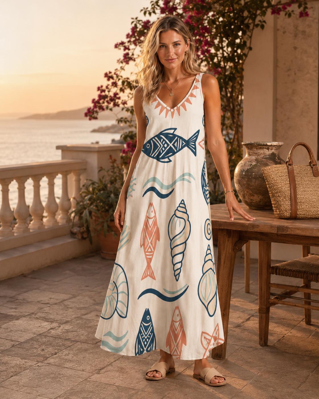 Mediterranean Fish Shell Maxi Dress | Sleeveless Coastal Resort Dress