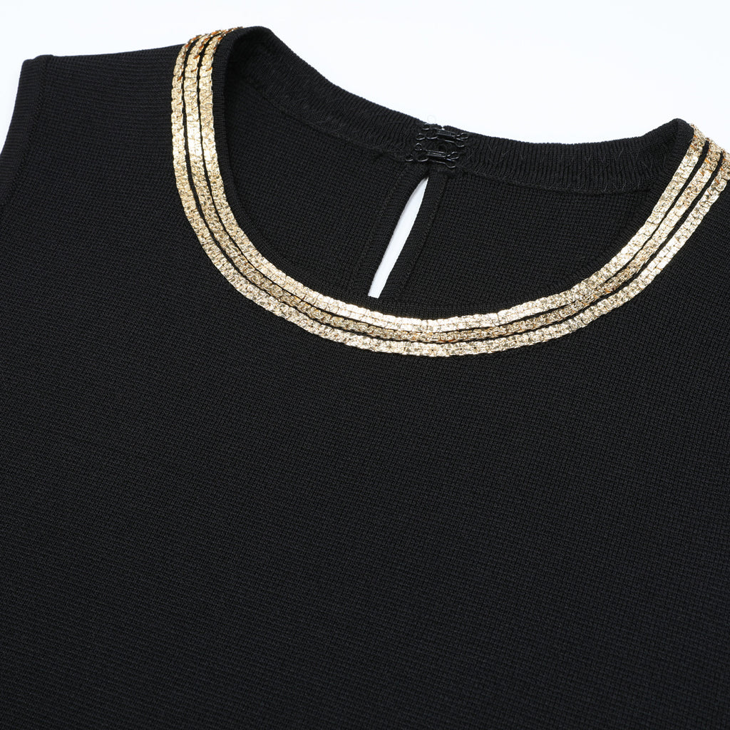 Gold-Trim Sleeveless Flounce-Hem Midi Dress