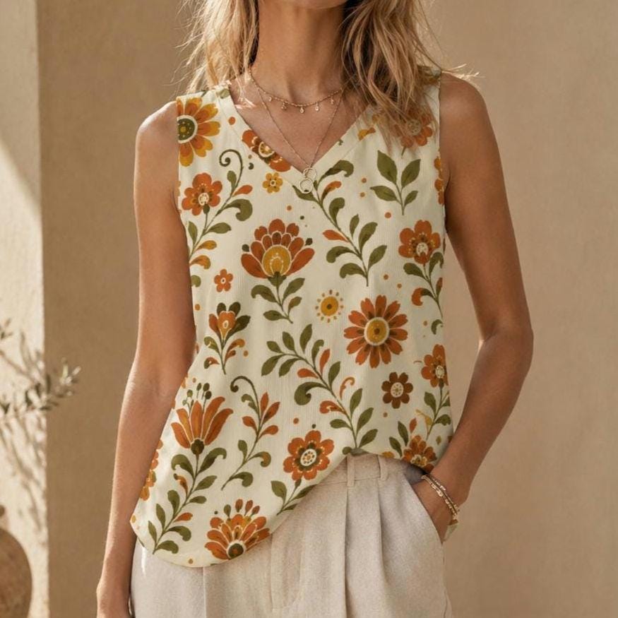 Retro Floral V-Neck Tank Top | 70s Boho Summer Blouse