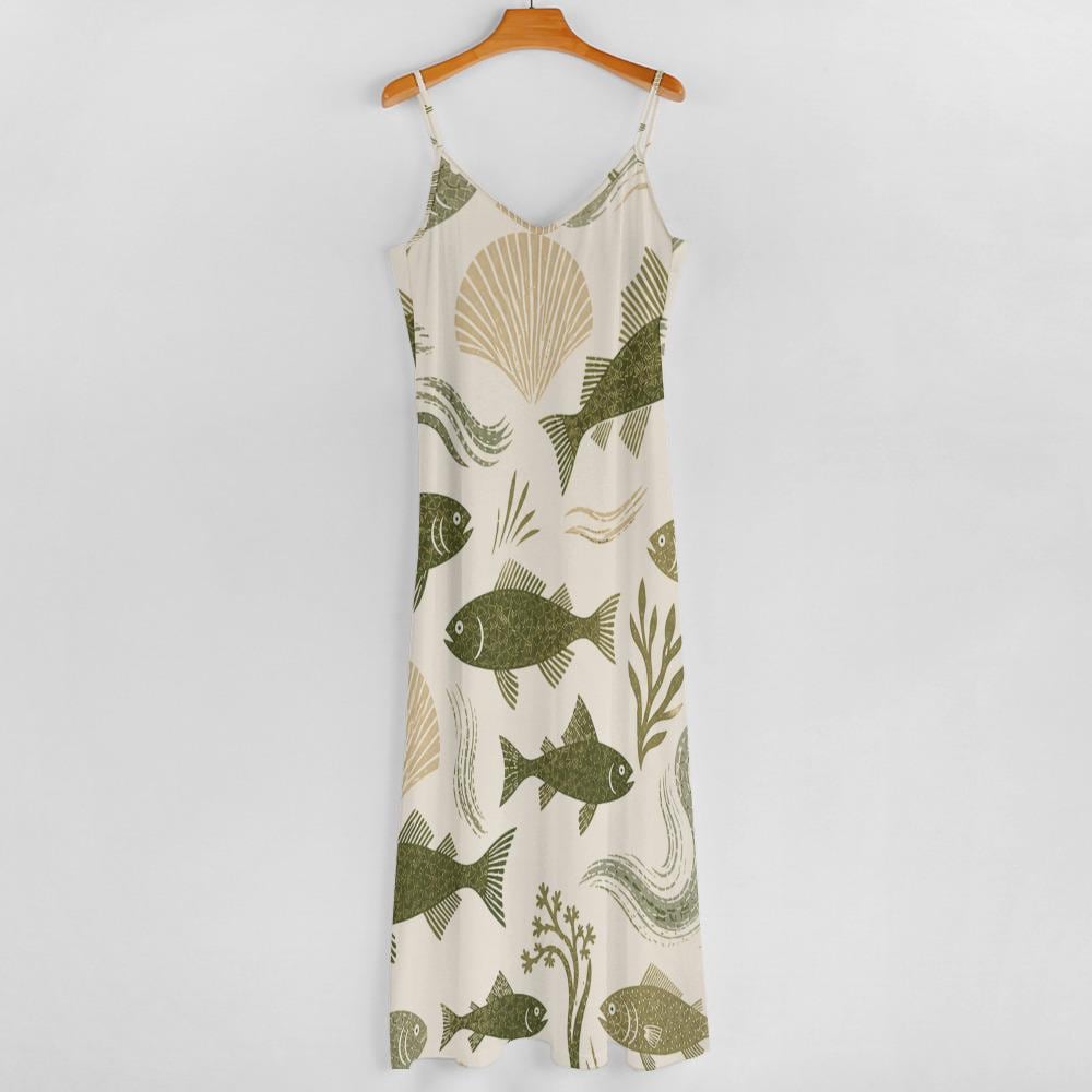 Coastal Fish Print Maxi Dress | Elegant Mediterranean Resort Dress