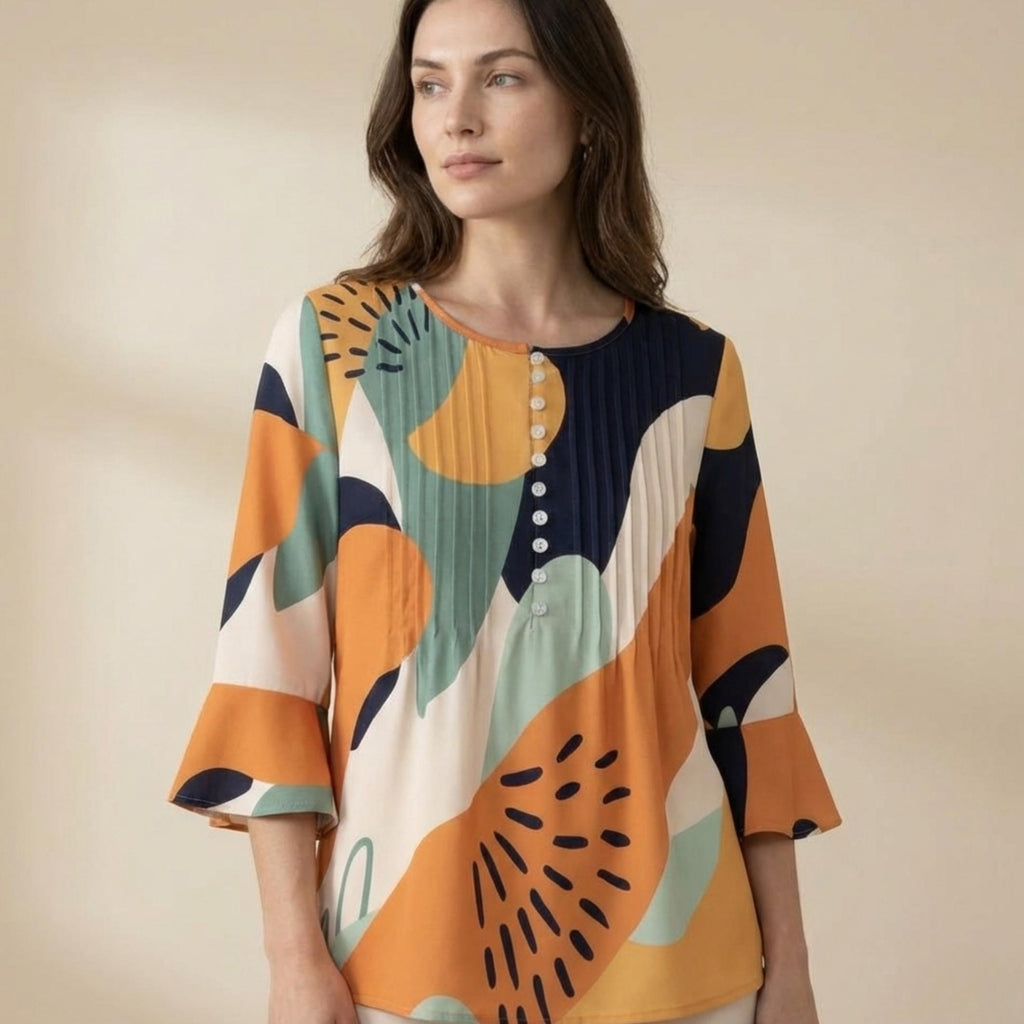 Boho Ruffle Sleeve Blouse | Abstract Print Summer Top