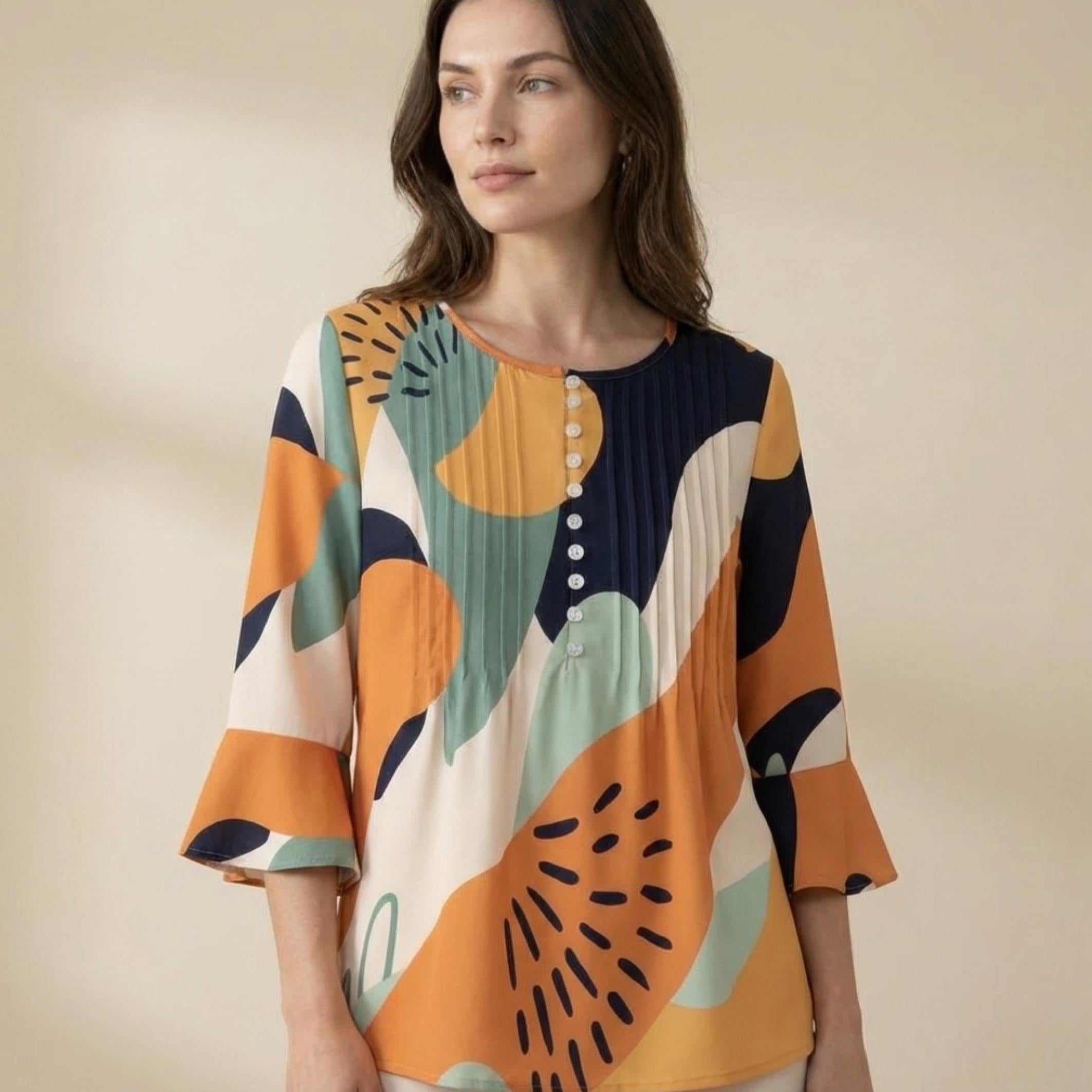 Boho Ruffle Sleeve Blouse | Abstract Print Summer Top
