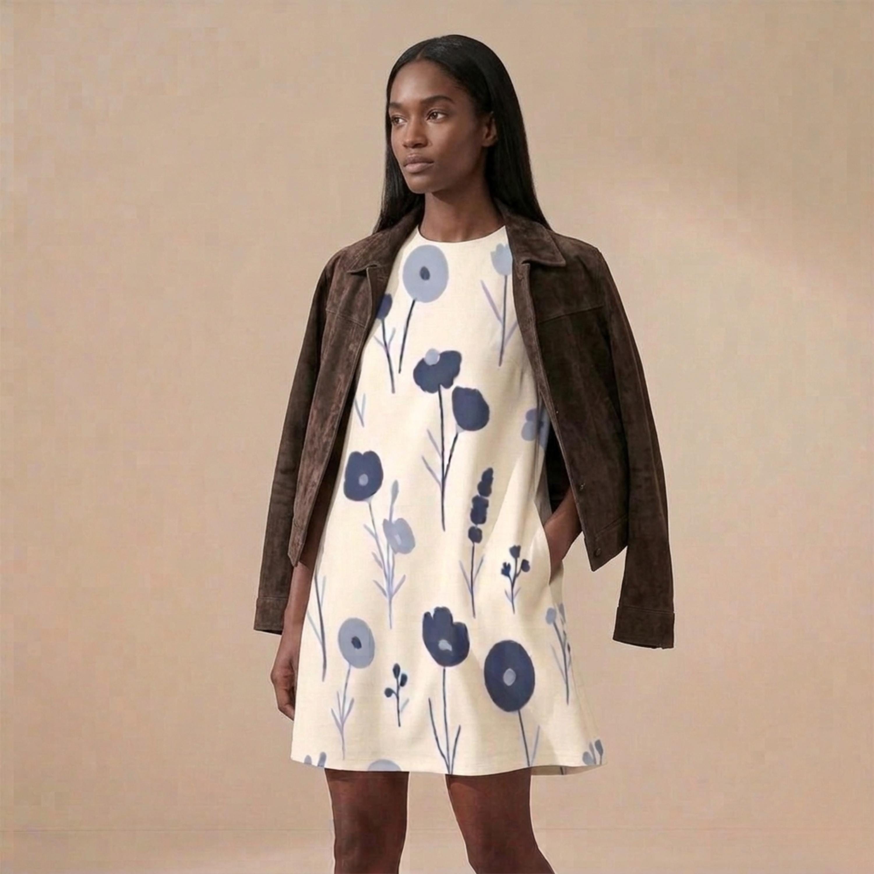 Blue Floral A-Line Mini Dress with Pockets | Scandinavian Summer Dress