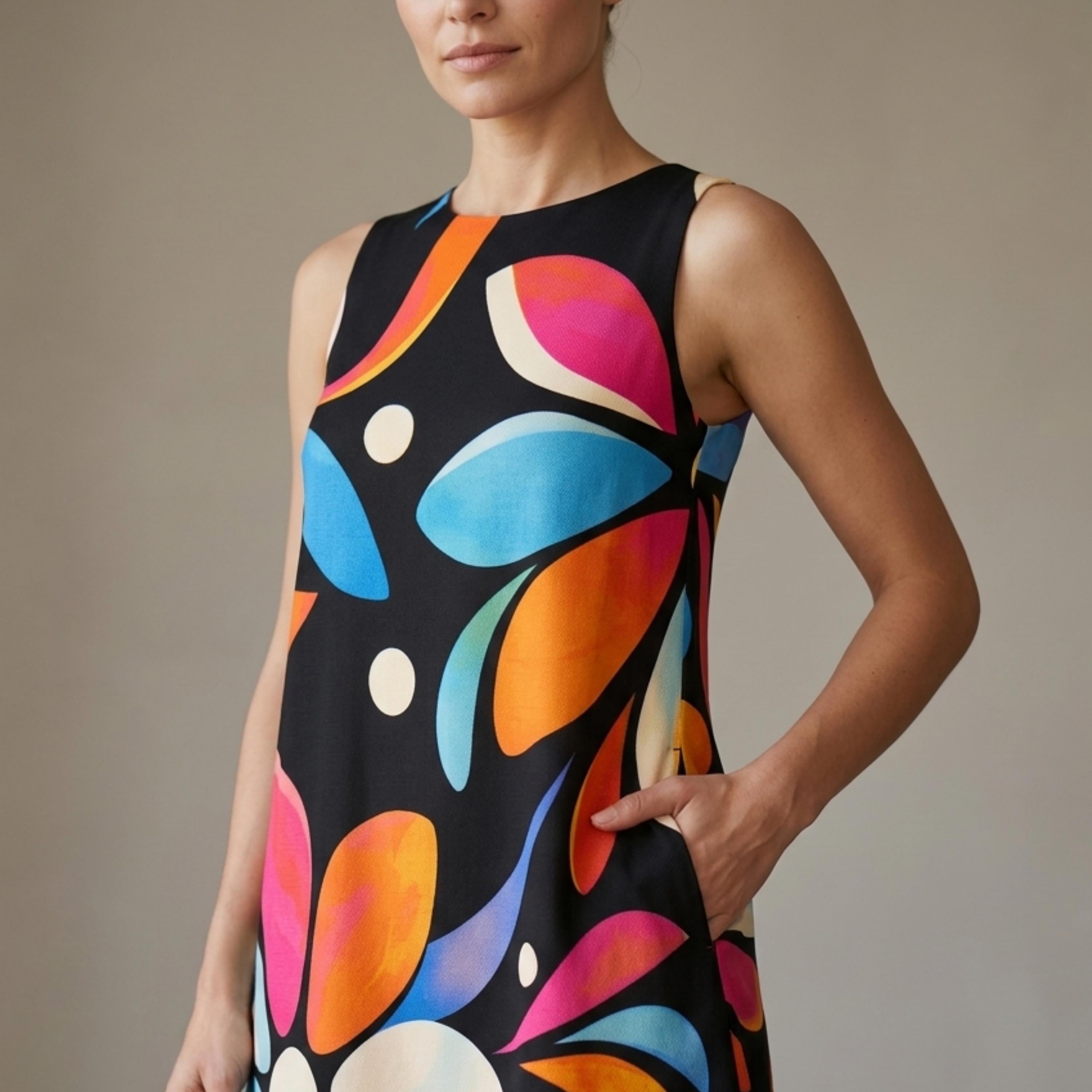 Black Floral A-Line Mini Dress | 60s Mod Pocket Dress
