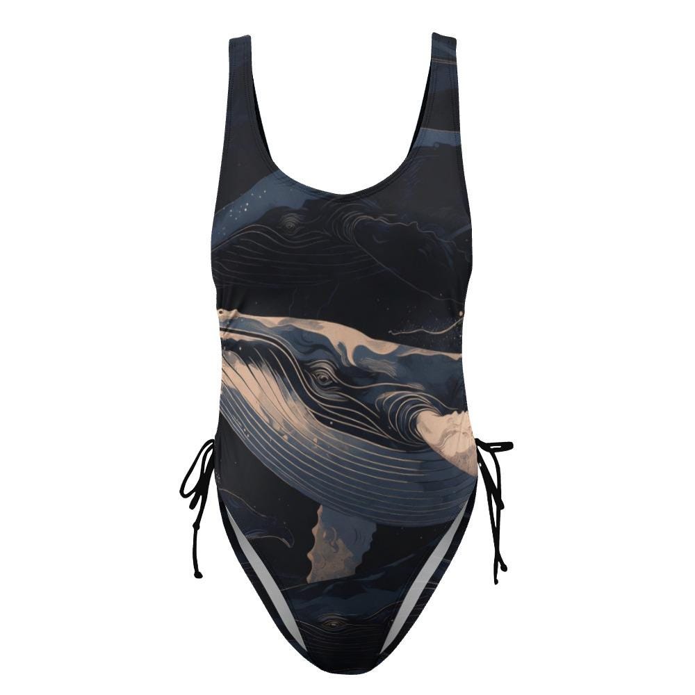 Black Abstract Whale Swimsuit | Dark Ocean One-Piece Swimwear