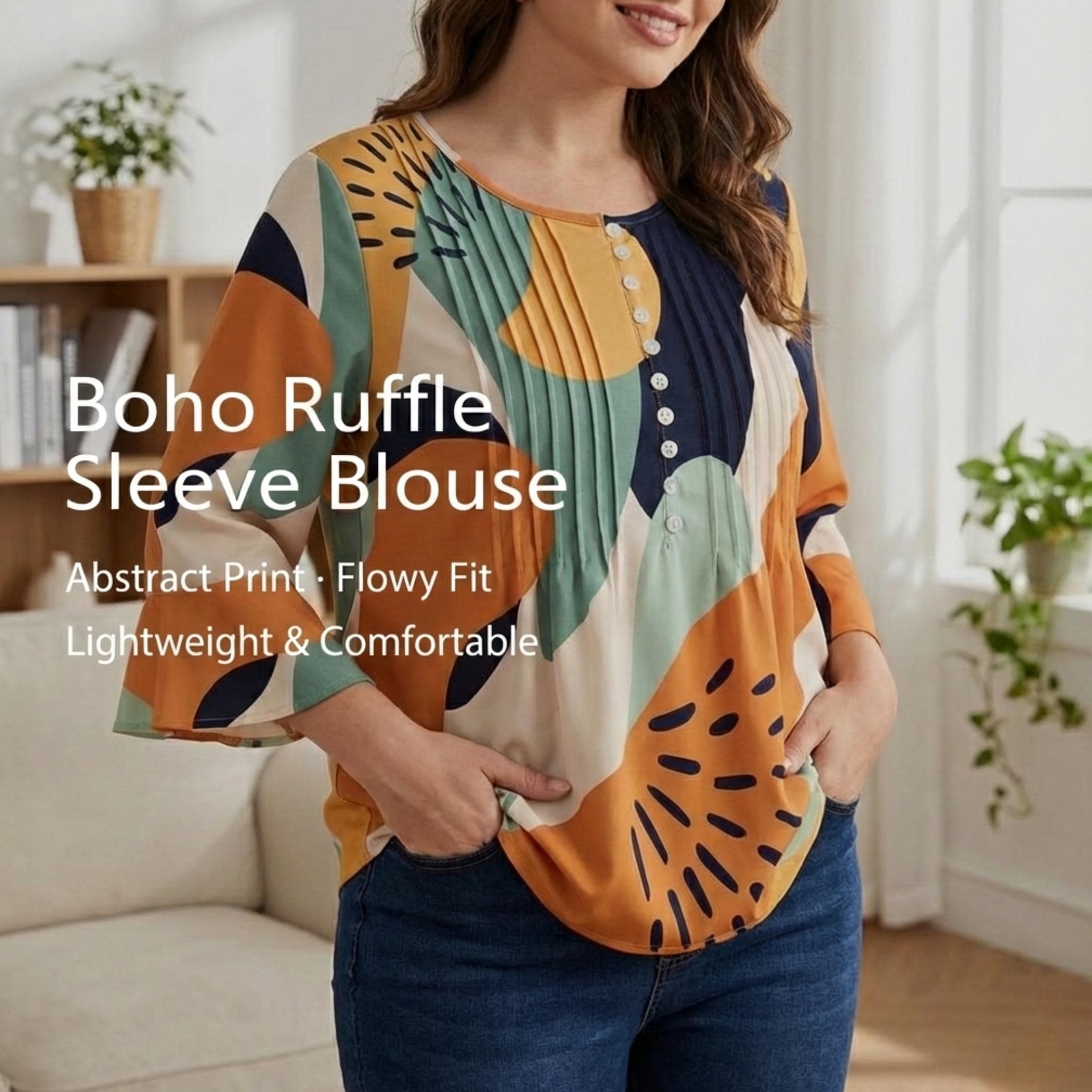 Boho Ruffle Sleeve Blouse | Abstract Print Summer Top