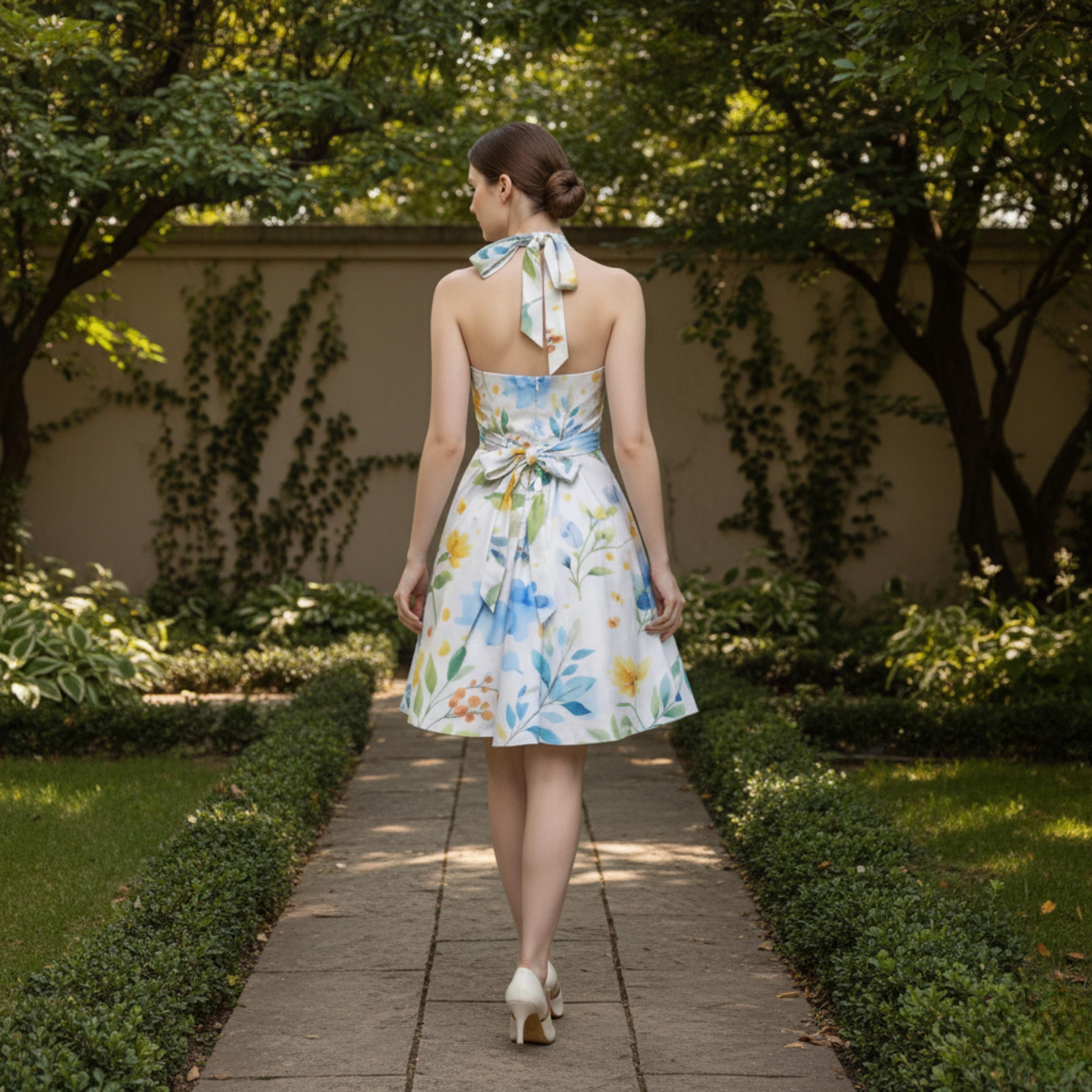 Watercolor Floral Halter Dress | Blue Yellow Skater Sundress