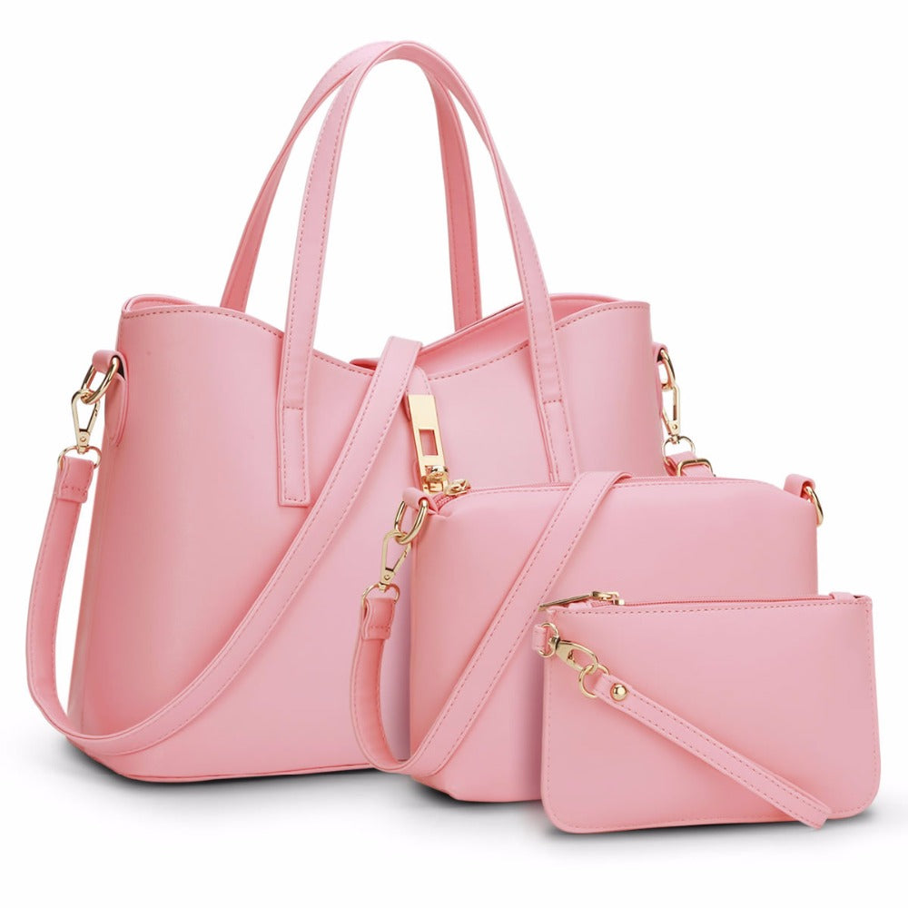 Women's three-piece PU handbag set with top-handle bag, crossbody and pouch