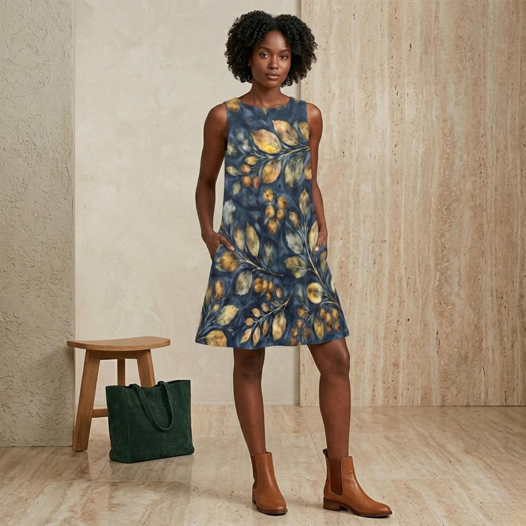 Navy Botanical A-Line Mini Dress | Blue Watercolor Leaf Pocket Dress
