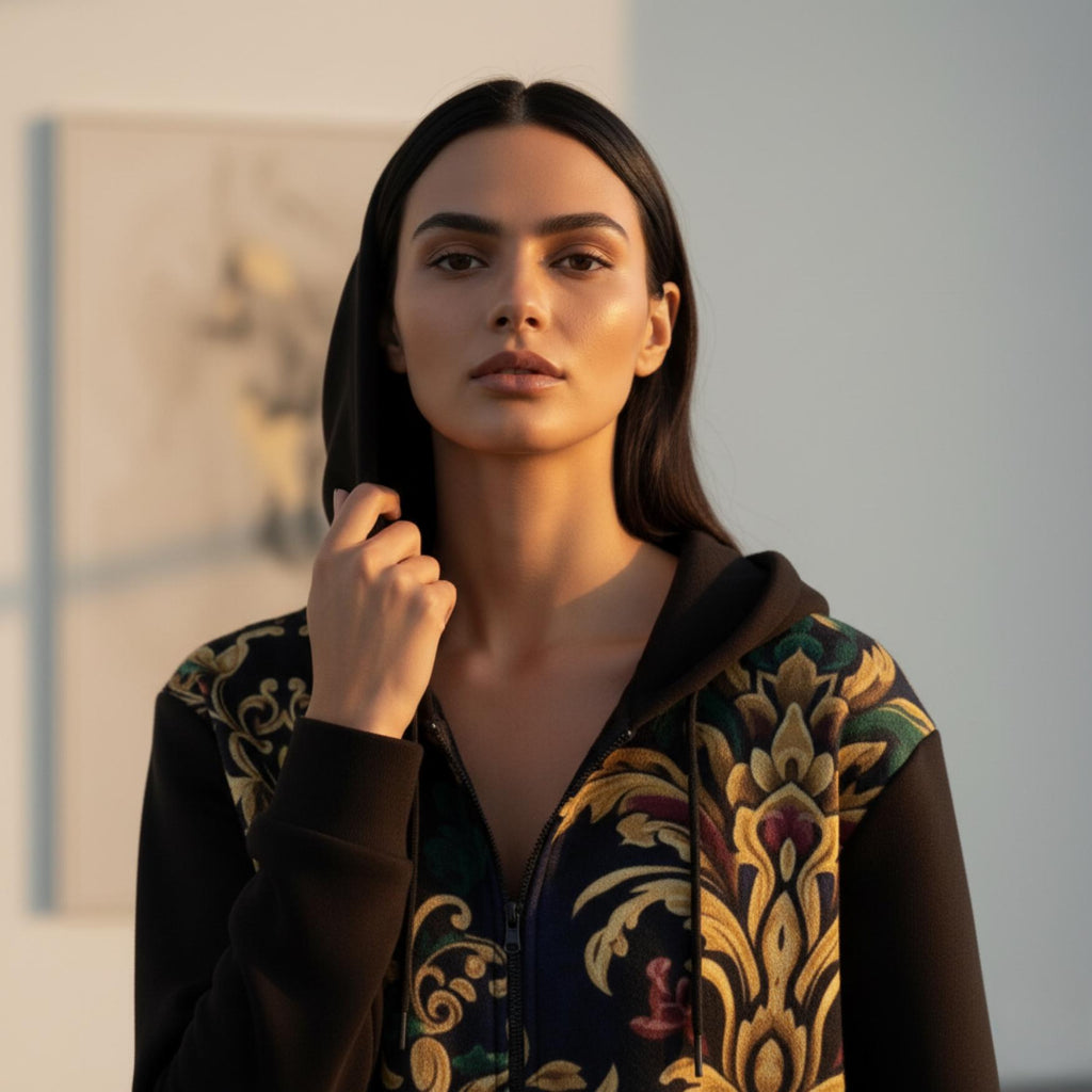 Baroque Long Hooded Coat | Black Gold Statement Zip Jacket
