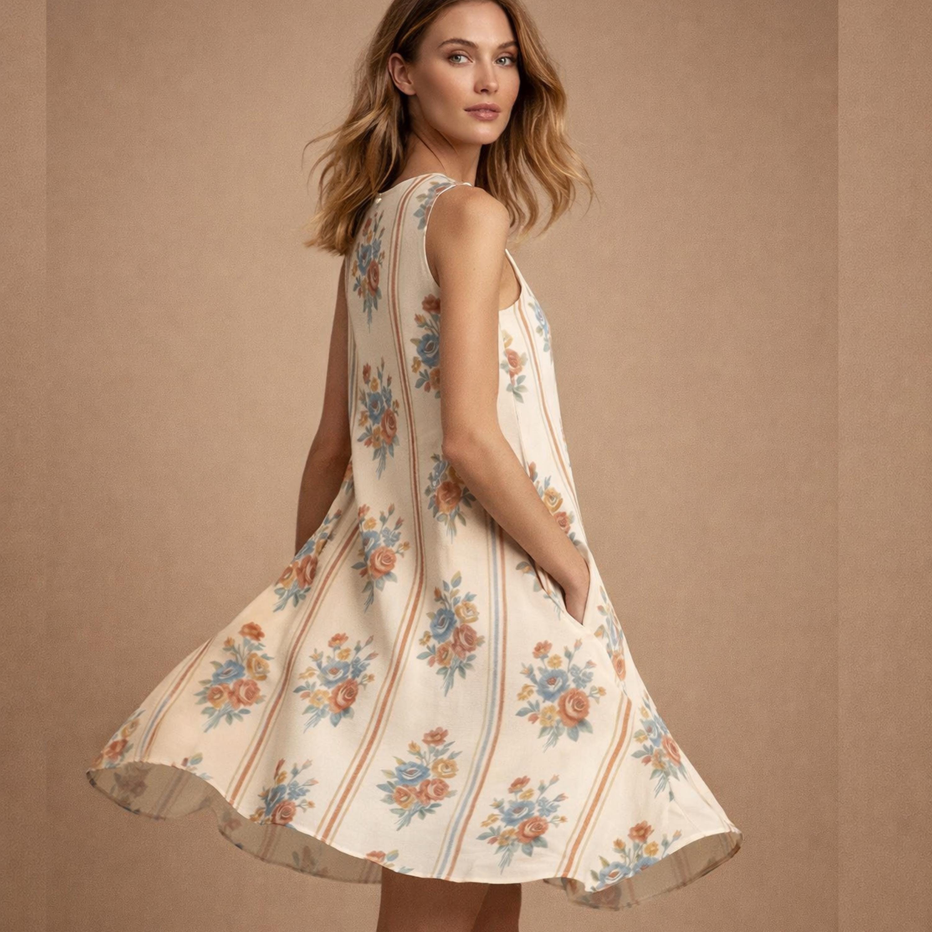 Retro Floral A-Line Mini Dress | Sleeveless Dress with Pockets