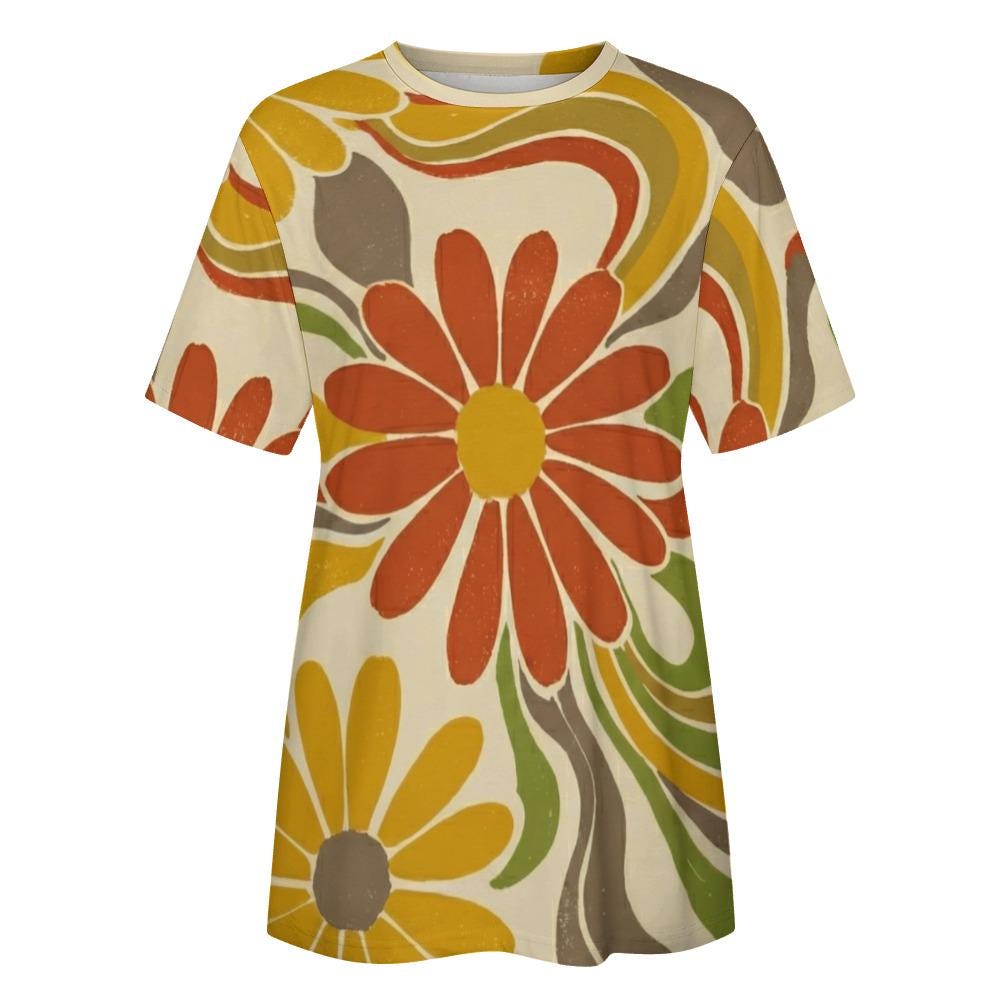 Retro Floral Cotton T-Shirt | 70s Boho Graphic Tee